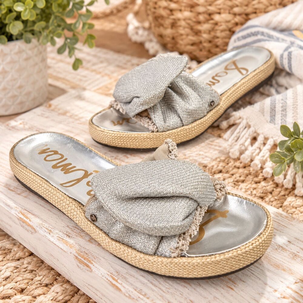 Sam Edelman Bodie Silver Twisted Bow Slide Sandals Womens Size 7 Coastal Boho